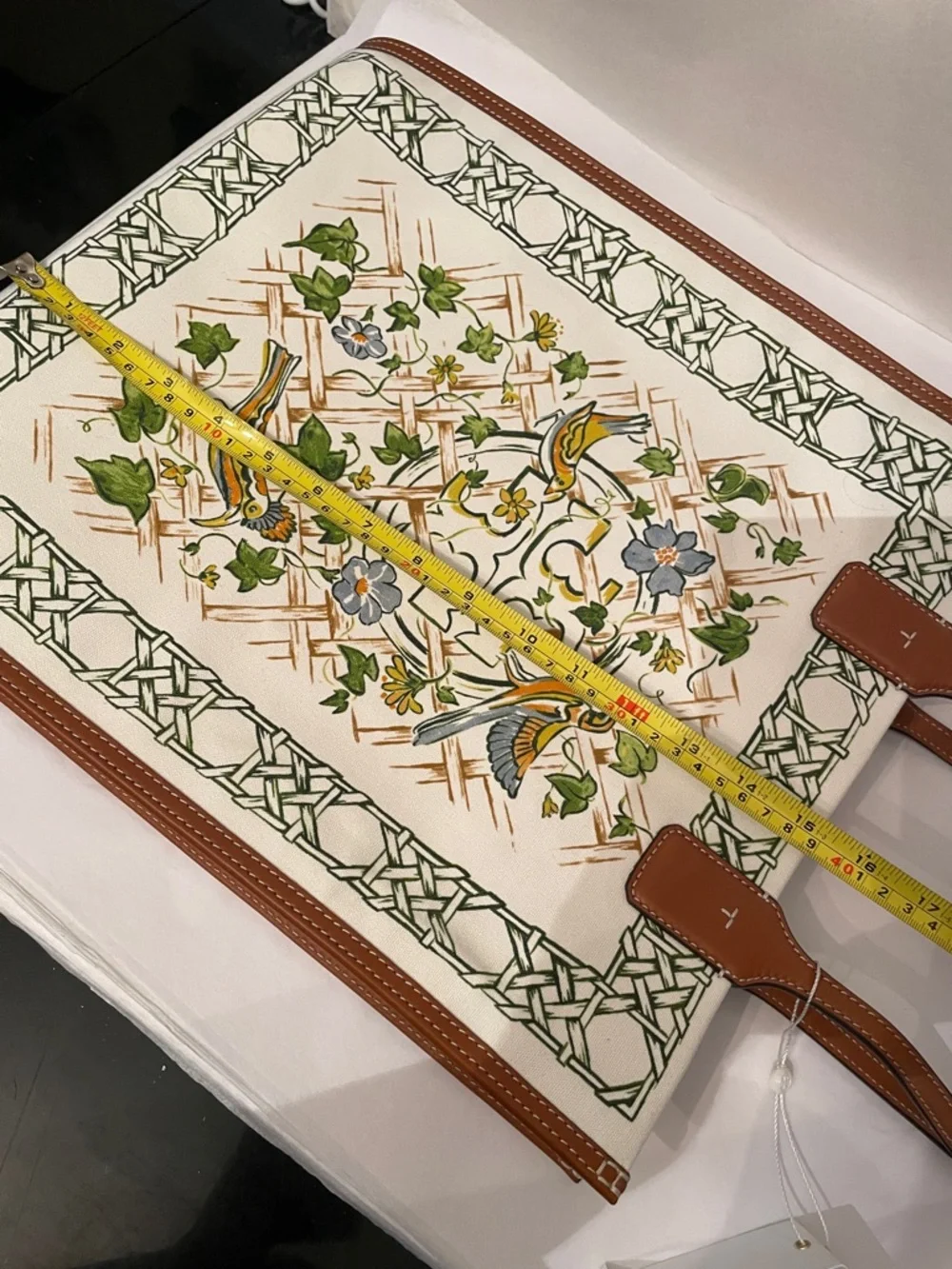 Tory Burch Ella Floral & Bird Canvas Tote cream with Brown‎ Trim